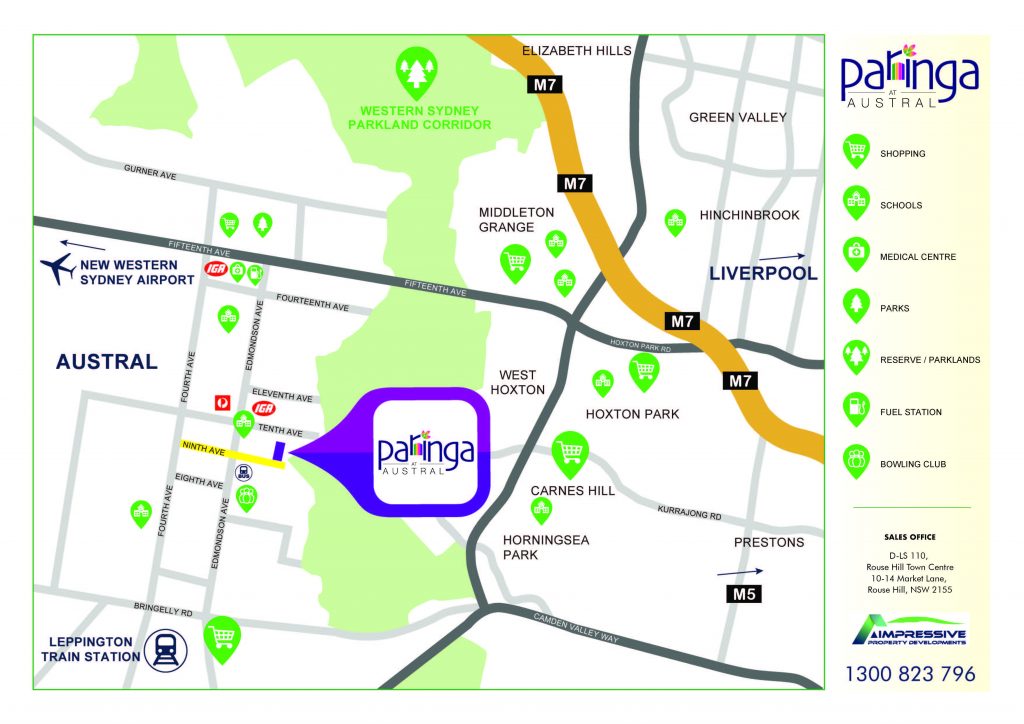 The Paringa at Austral location map — Leppington station, the airport, the M7 and Liverpool
